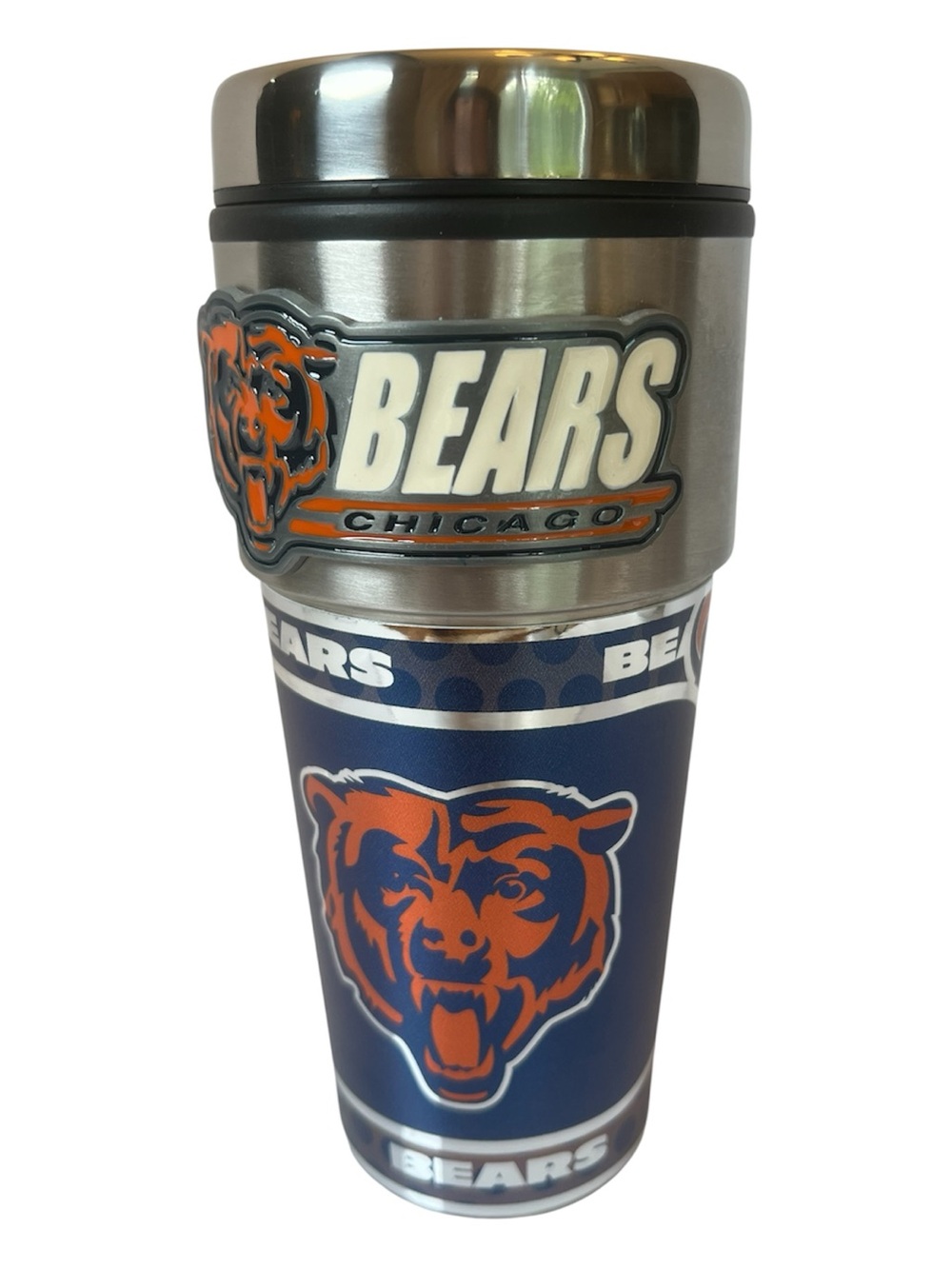 Chicago Bears Logo Travel Tumbler with Metal Emblem in Navy/Orange/Silver. NWT.